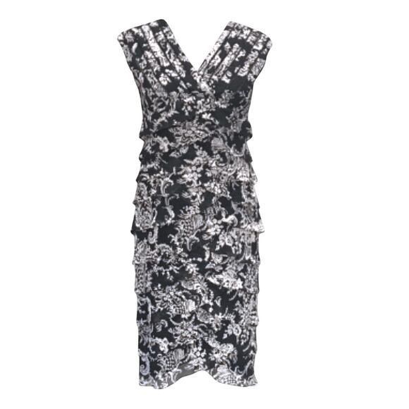 Adrianna Papell Dress SZ 10 Black White Shutter Pleat Sleeveless Sheath V-Neck - Picture 4 of 14